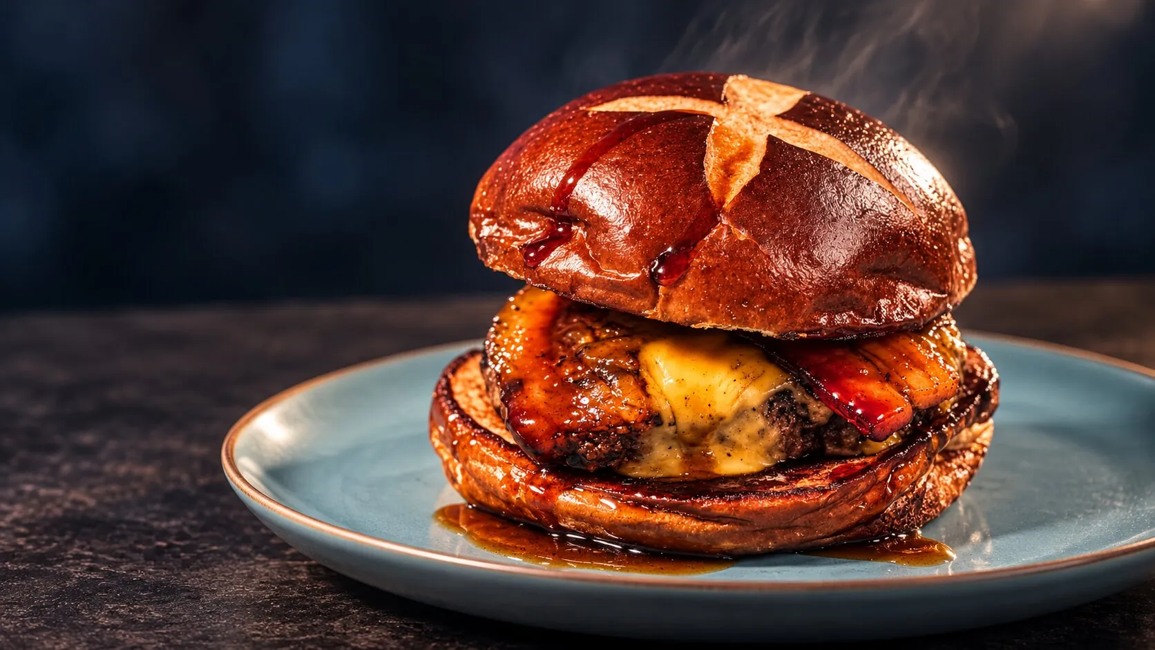 Recriação ilustrativa do Santa Cruz: pão pretzel, hambúrguer Angus, American Cheese e bacon burnt ends com melado.