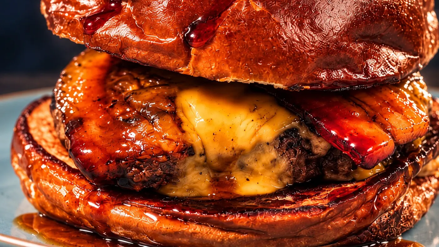 Detalhe ilustrativo do Santa Cruz: queijo sobre o Angus, bacon e melado no pão pretzel.